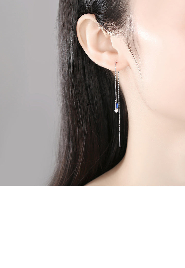 925 Sterling Silver Simple Temperament Geometric Freshwater Pearl Tassel Earrings with Blue Cubic Zirconia - Luxurious Look