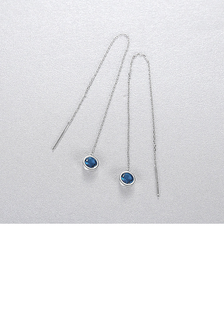 925 Sterling Silver Simple Temperament Geometric Round Tassel Earrings with Blue Cubic Zirconia - Luxurious Look
