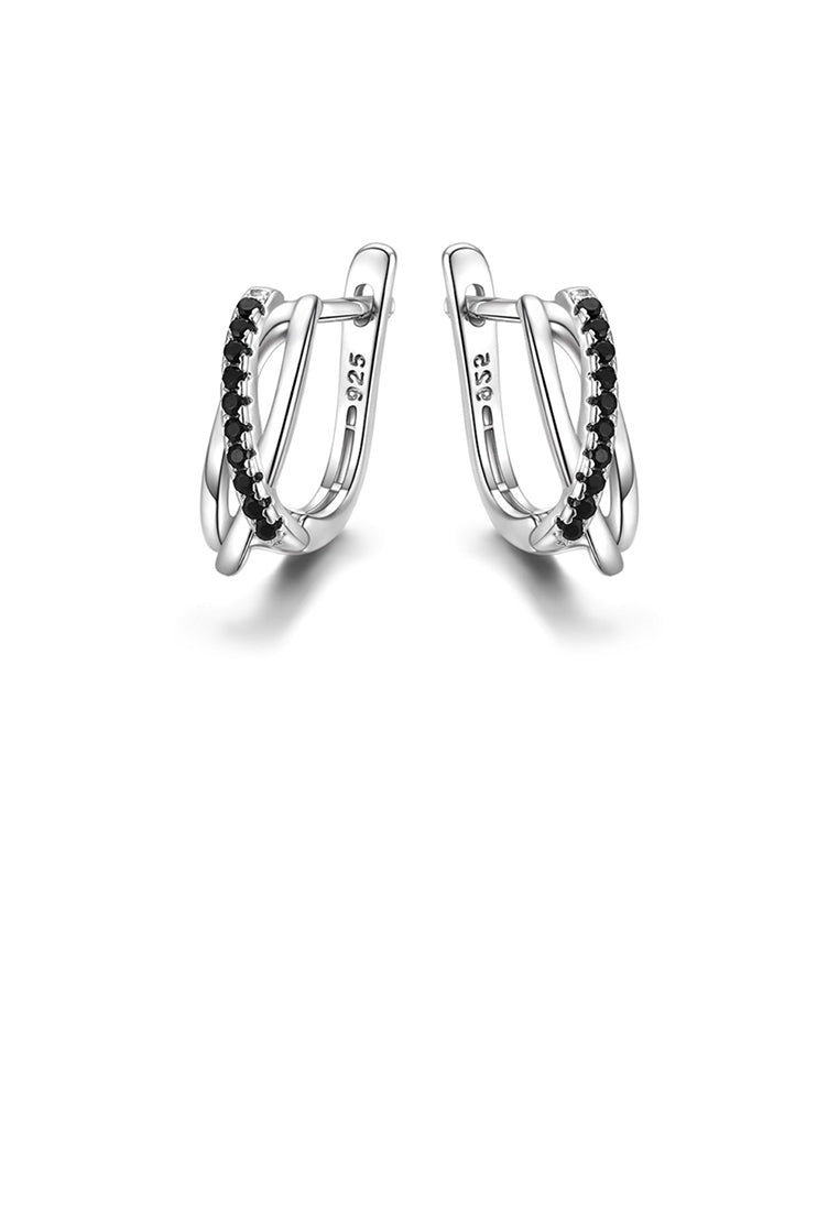 925 Sterling Silver Fashion and Simple Geometric Earrings with Black Cubic Zirconia - Luxurious Look