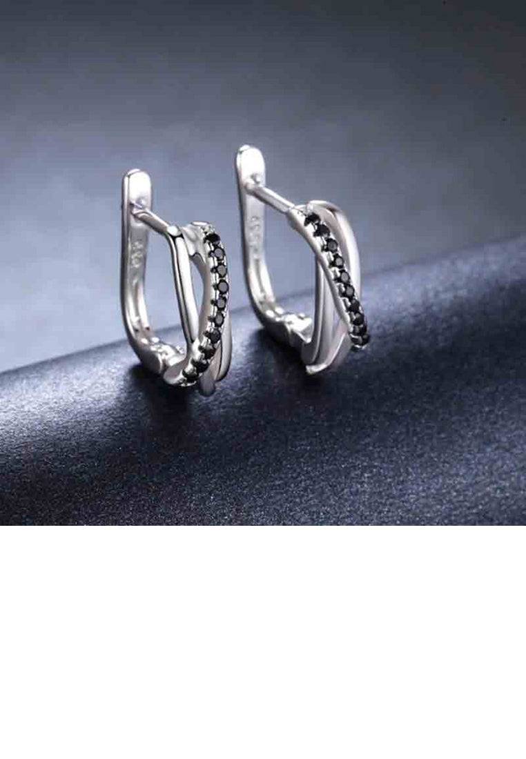 925 Sterling Silver Fashion and Simple Geometric Earrings with Black Cubic Zirconia - Luxurious Look