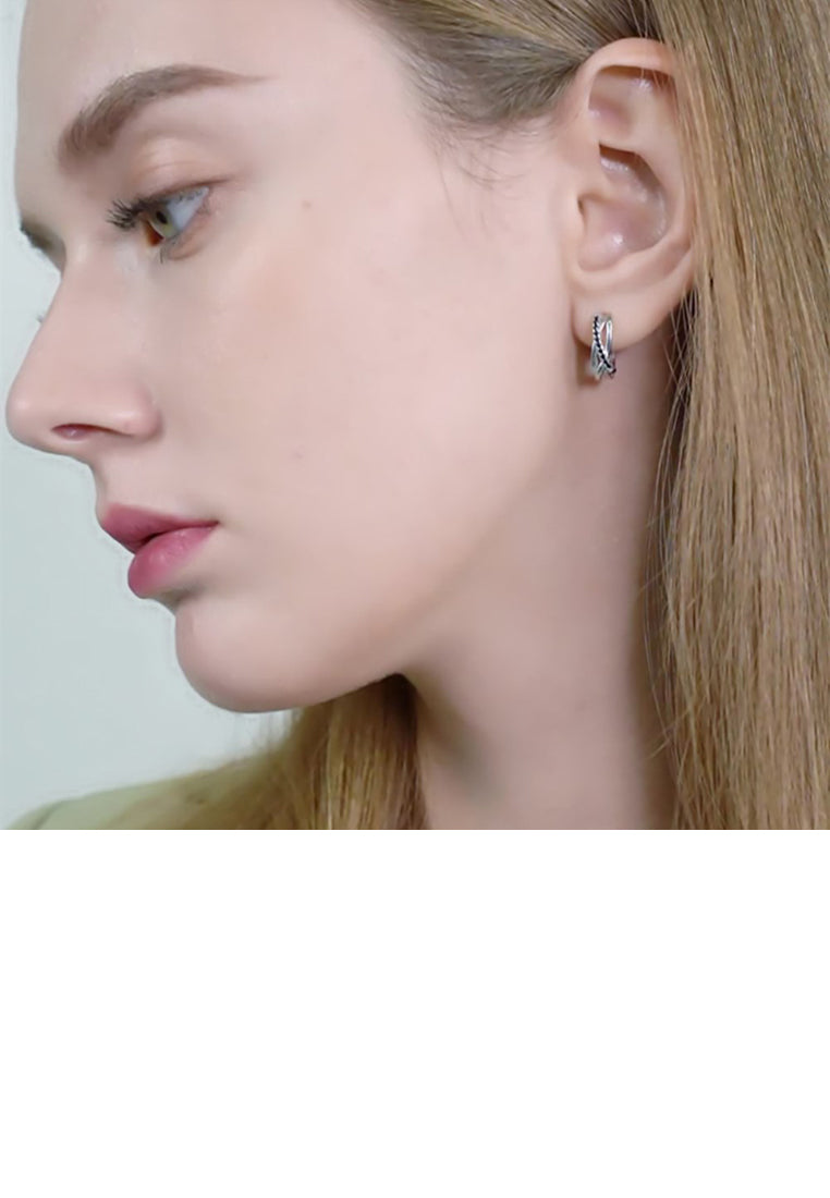 925 Sterling Silver Fashion and Simple Geometric Earrings with Black Cubic Zirconia - Luxurious Look