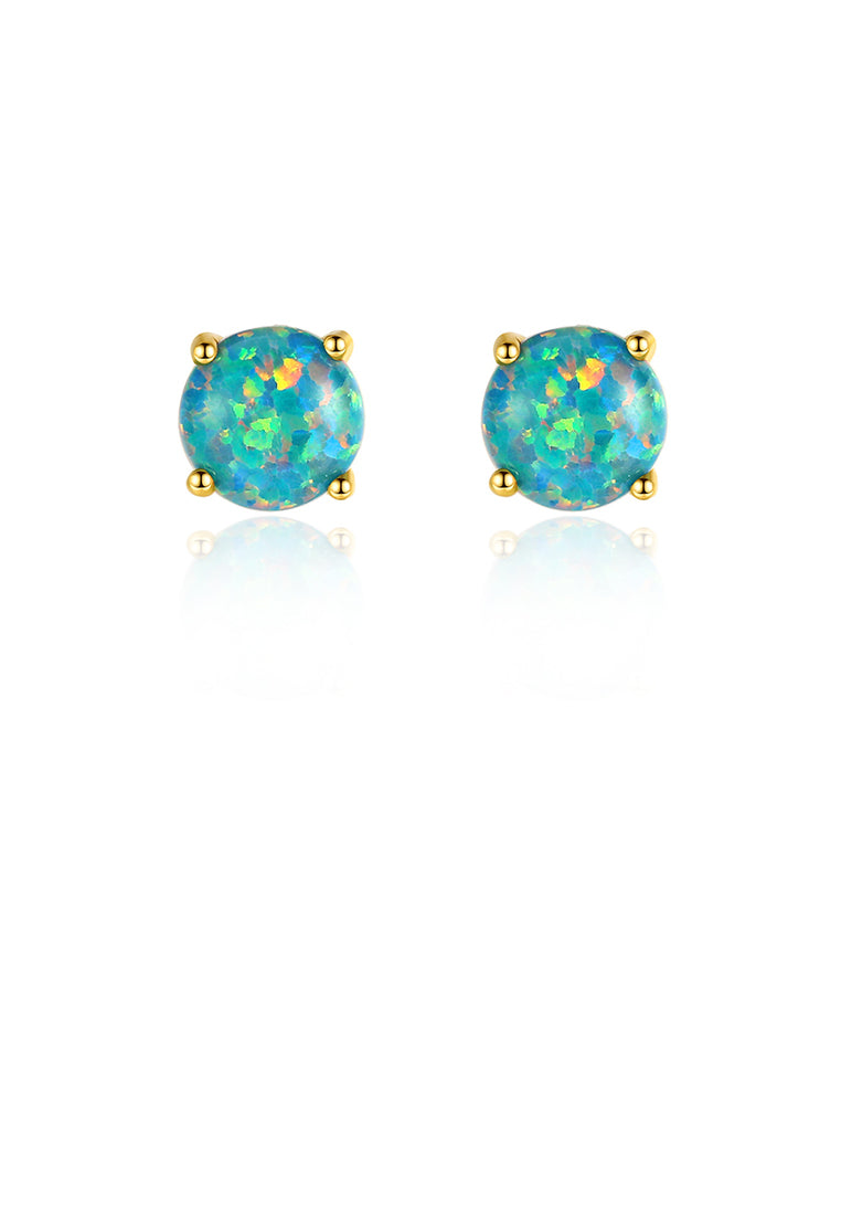 925 Sterling Silver Plated Gold Simple and Delicate Geometric Round Stud Earrings with Green Imitation Opal