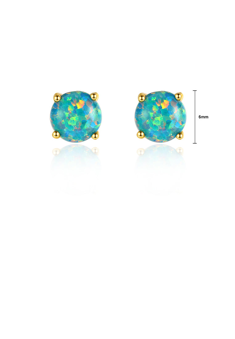 925 Sterling Silver Plated Gold Simple and Delicate Geometric Round Stud Earrings with Green Imitation Opal
