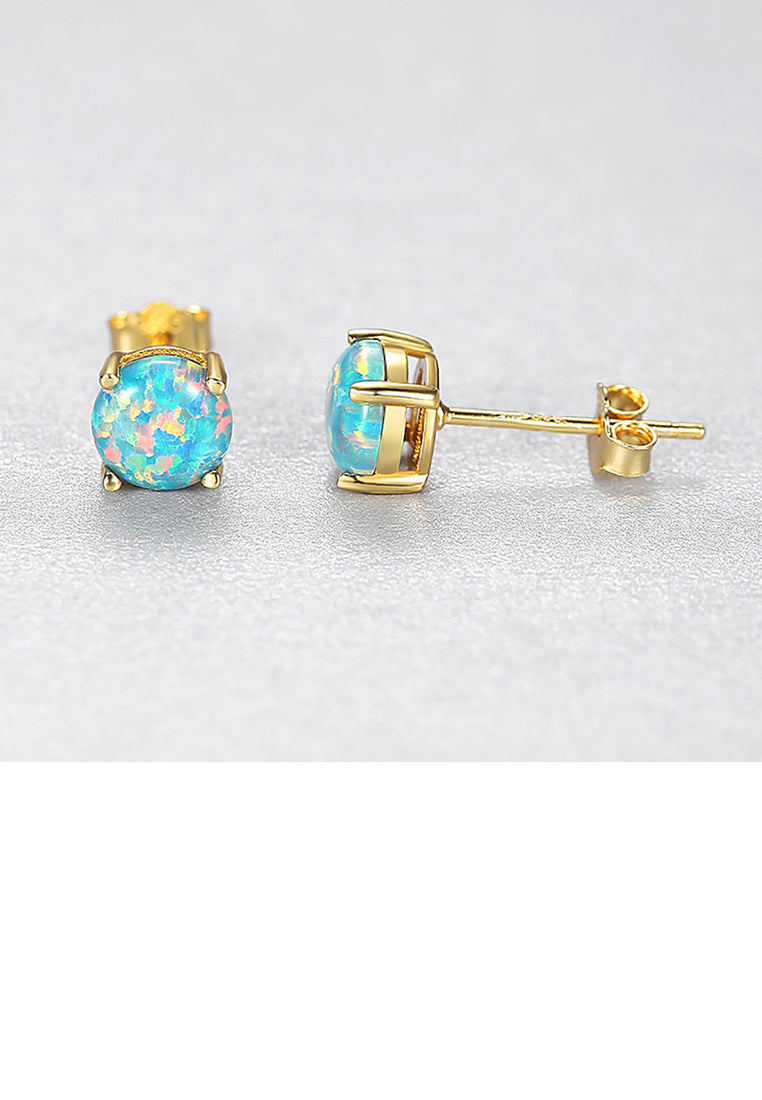 925 Sterling Silver Plated Gold Simple and Delicate Geometric Round Stud Earrings with Green Imitation Opal