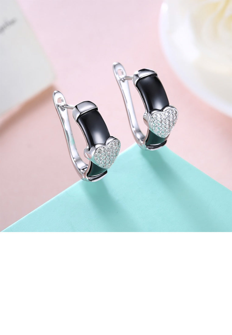 925 Sterling Silver Simple Romantic Heart-shaped Black Ceramic Stud Earrings with Cubic Zircon