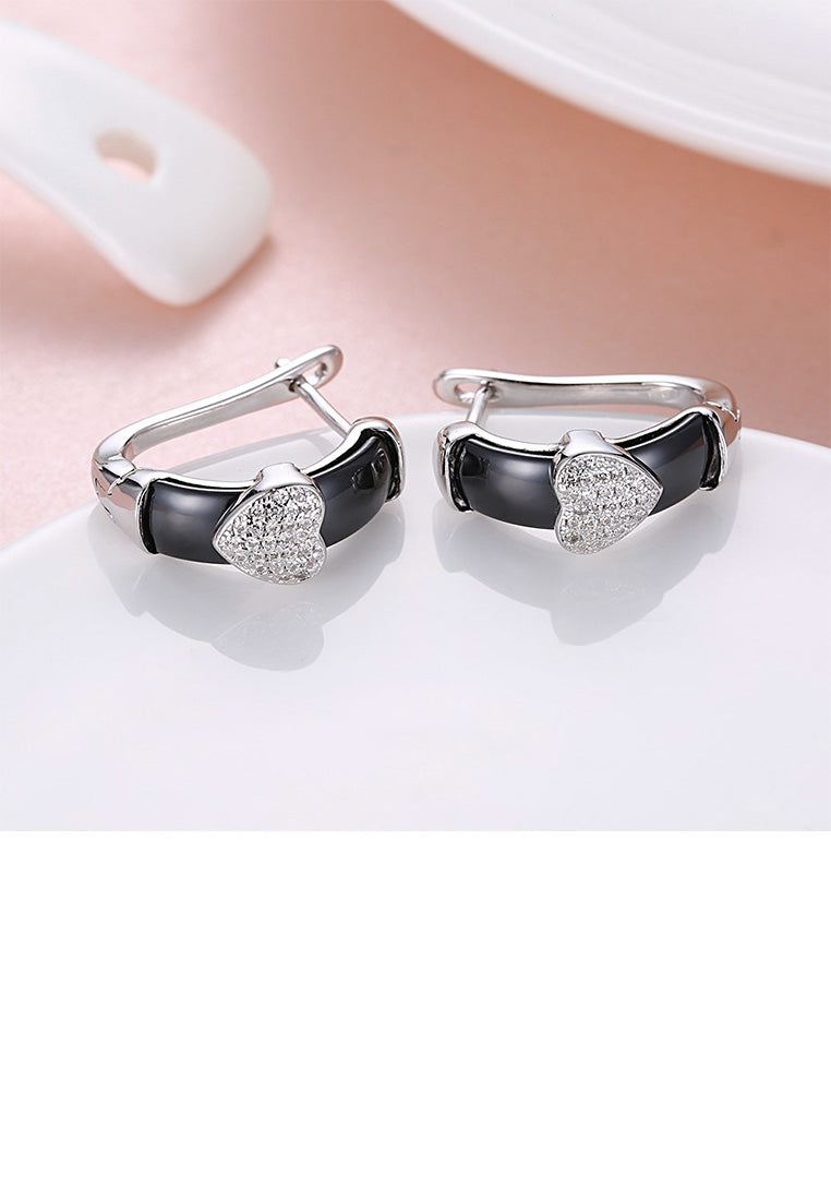 925 Sterling Silver Simple Romantic Heart-shaped Black Ceramic Stud Earrings with Cubic Zircon