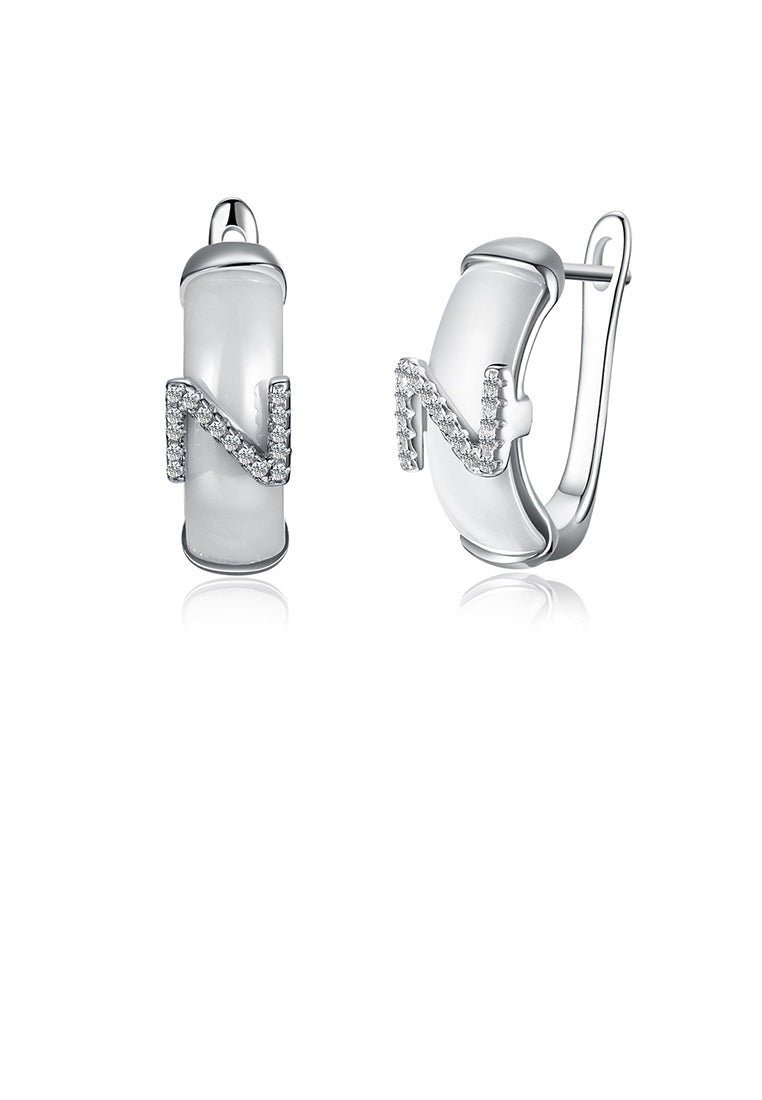 925 Sterling Silver Creative Simple Letter Z White Ceramic Earrings with Austrian Element Crystal
