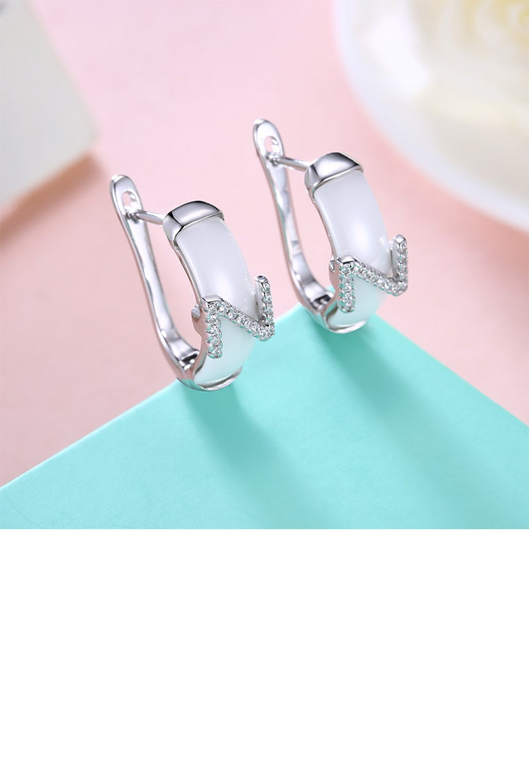 925 Sterling Silver Creative Simple Letter Z White Ceramic Earrings with Austrian Element Crystal