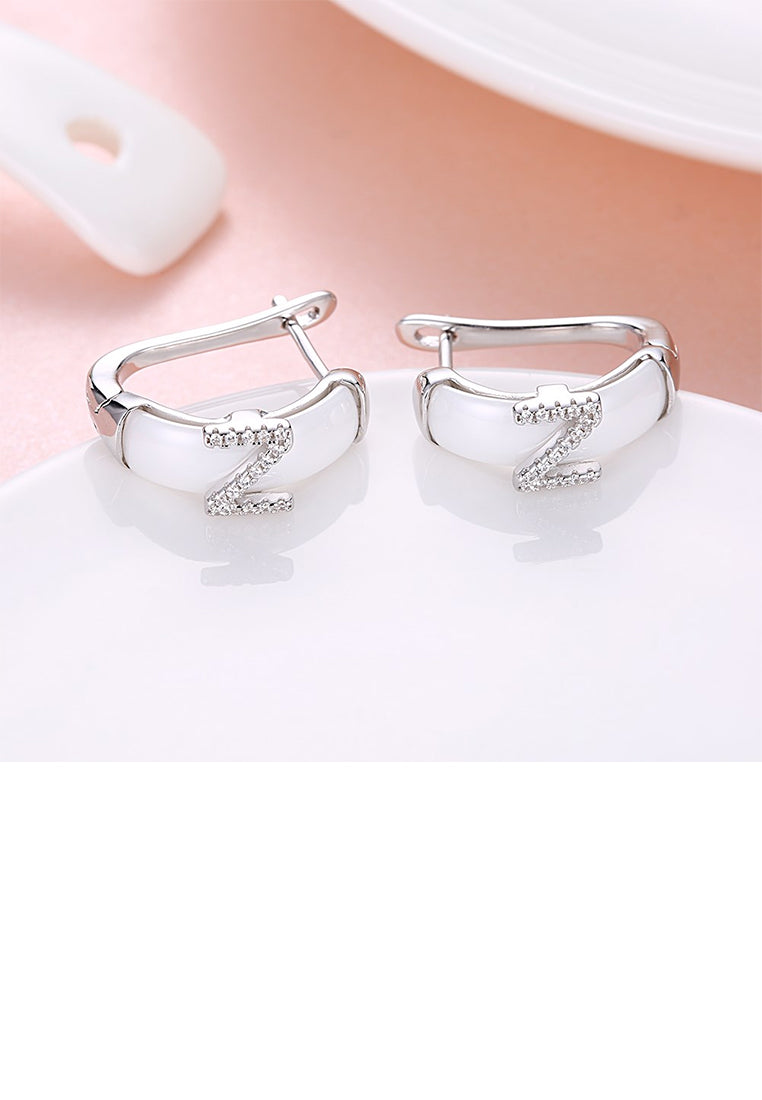 925 Sterling Silver Creative Simple Letter Z White Ceramic Earrings with Austrian Element Crystal