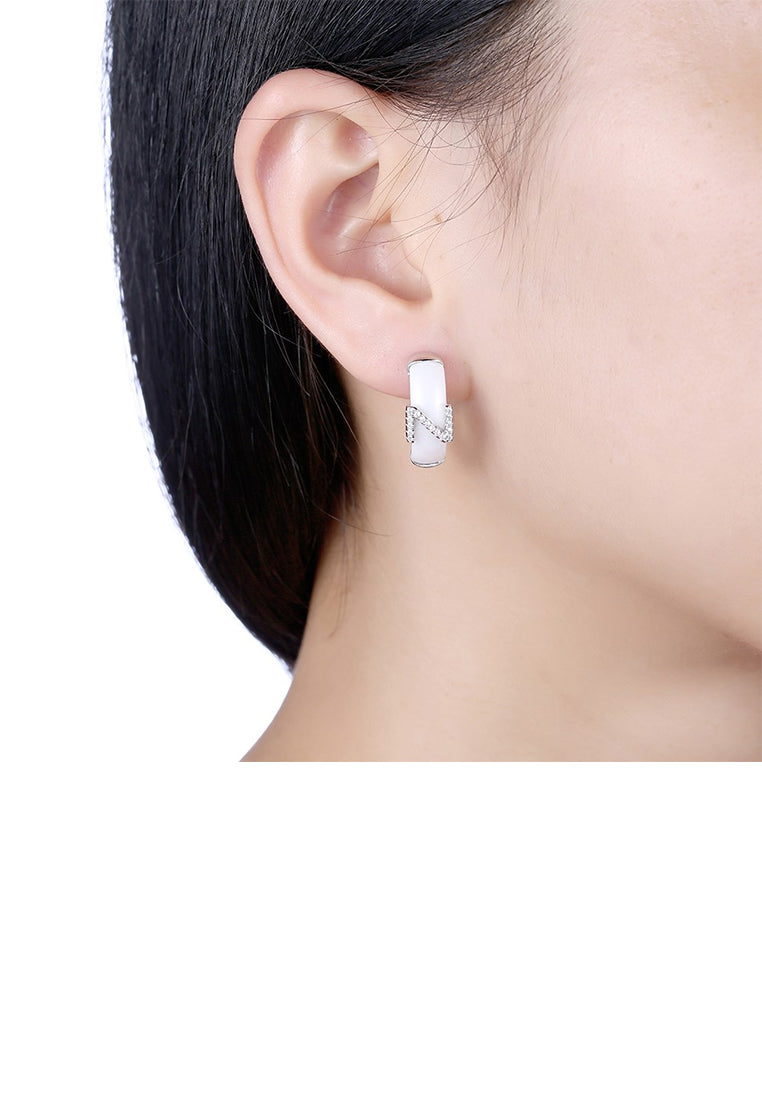 925 Sterling Silver Creative Simple Letter Z White Ceramic Earrings with Austrian Element Crystal