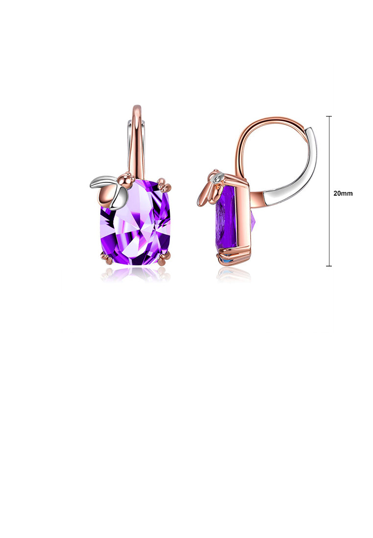 Fashion Temperament Plated Rose Gold Beetle Geometric Square Earrings with Purple Cubic Zirconia - Luxurious Look