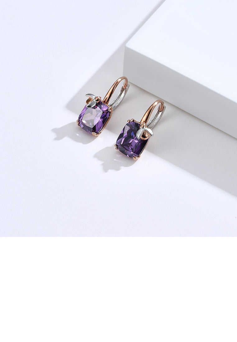 Fashion Temperament Plated Rose Gold Beetle Geometric Square Earrings with Purple Cubic Zirconia - Luxurious Look