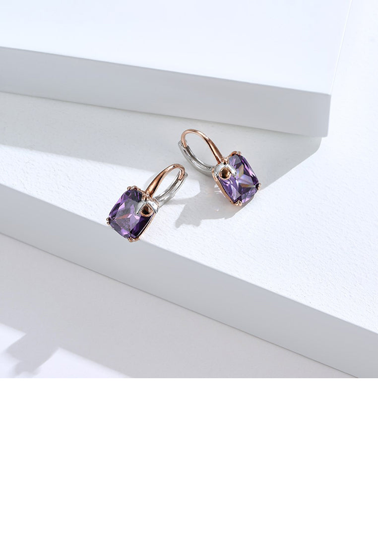 Fashion Temperament Plated Rose Gold Beetle Geometric Square Earrings with Purple Cubic Zirconia - Luxurious Look