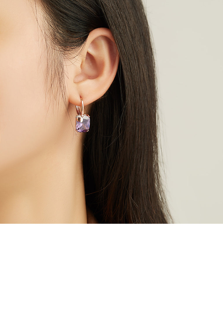 Fashion Temperament Plated Rose Gold Beetle Geometric Square Earrings with Purple Cubic Zirconia - Luxurious Look