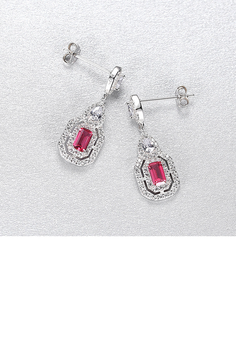 925 Sterling Silver Fashion Bright Geometric Water Drop Shaped Pink Cubic Zirconia Stud Earrings - Luxurious Look - Vibrant Color