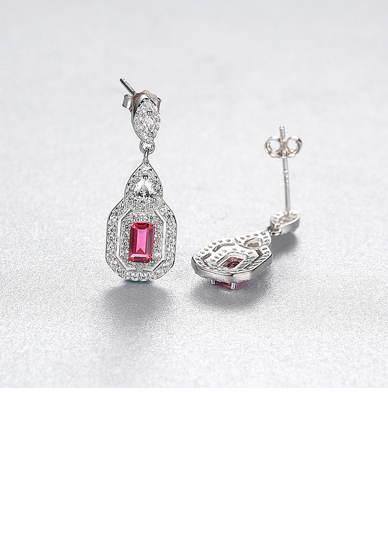 925 Sterling Silver Fashion Bright Geometric Water Drop Shaped Pink Cubic Zirconia Stud Earrings - Luxurious Look - Vibrant Color