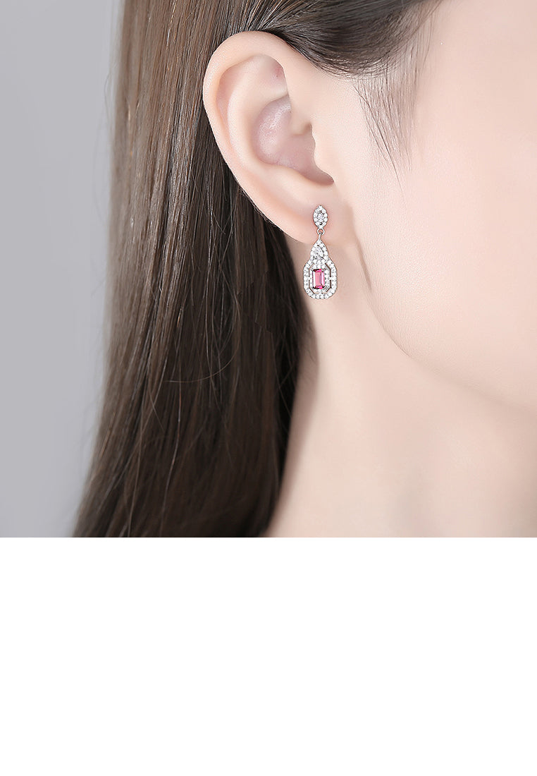 925 Sterling Silver Fashion Bright Geometric Water Drop Shaped Pink Cubic Zirconia Stud Earrings - Luxurious Look - Vibrant Color