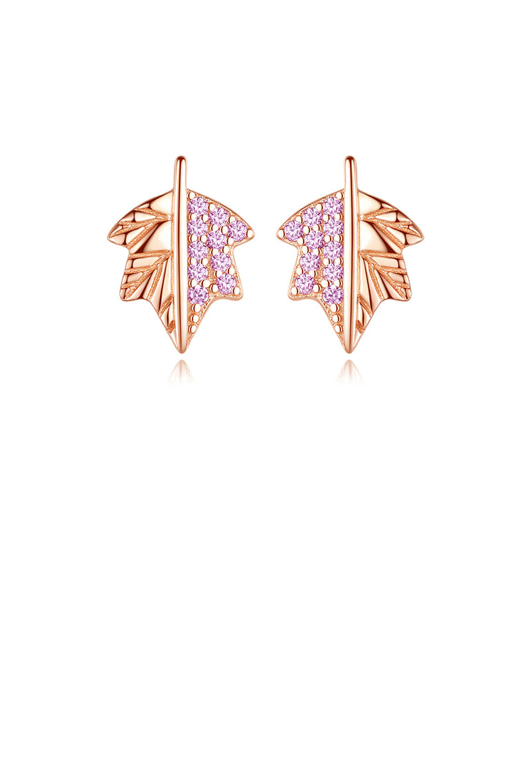 925 Sterling Silver Plated Rose Gold Simple Fashion Maple Leaf Stud Earrings with Pink Cubic Zirconia - Luxurious Look - Vibrant Color