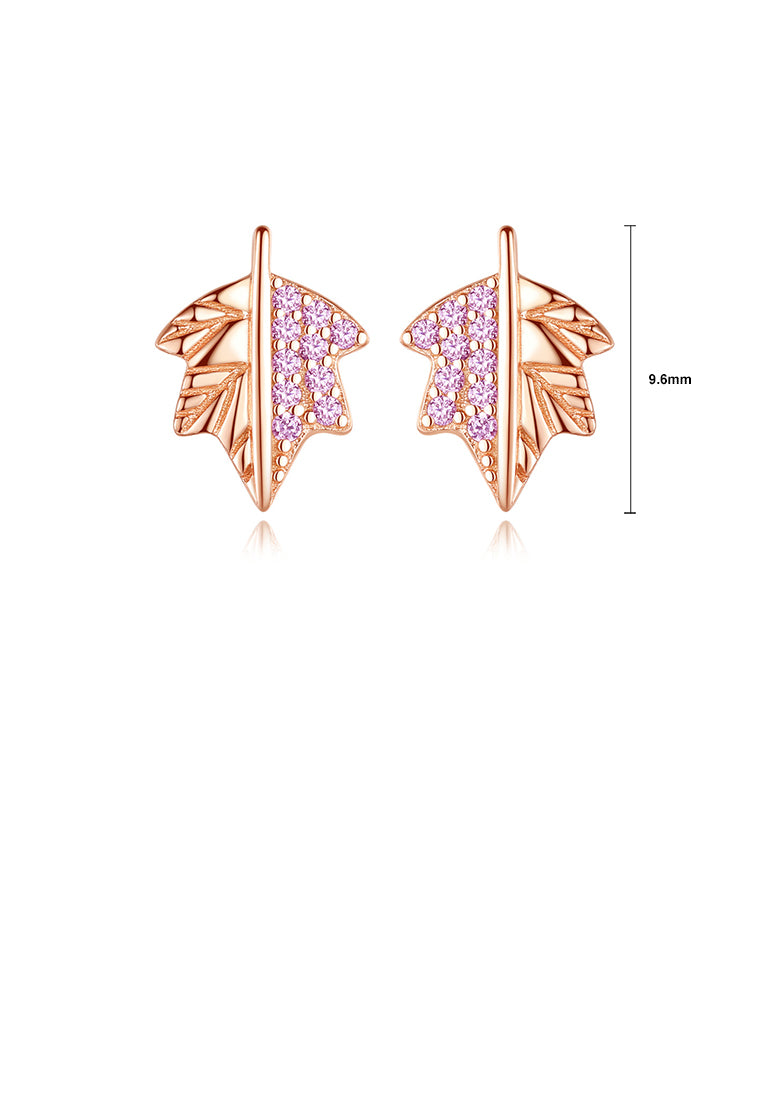 925 Sterling Silver Plated Rose Gold Simple Fashion Maple Leaf Stud Earrings with Pink Cubic Zirconia - Luxurious Look - Vibrant Color