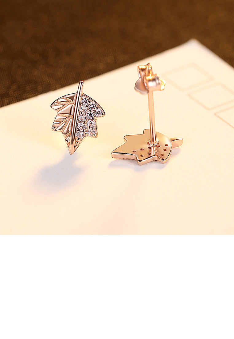 925 Sterling Silver Plated Rose Gold Simple Fashion Maple Leaf Stud Earrings with Pink Cubic Zirconia - Luxurious Look - Vibrant Color