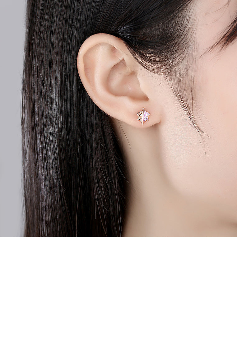 925 Sterling Silver Plated Rose Gold Simple Fashion Maple Leaf Stud Earrings with Pink Cubic Zirconia - Luxurious Look - Vibrant Color