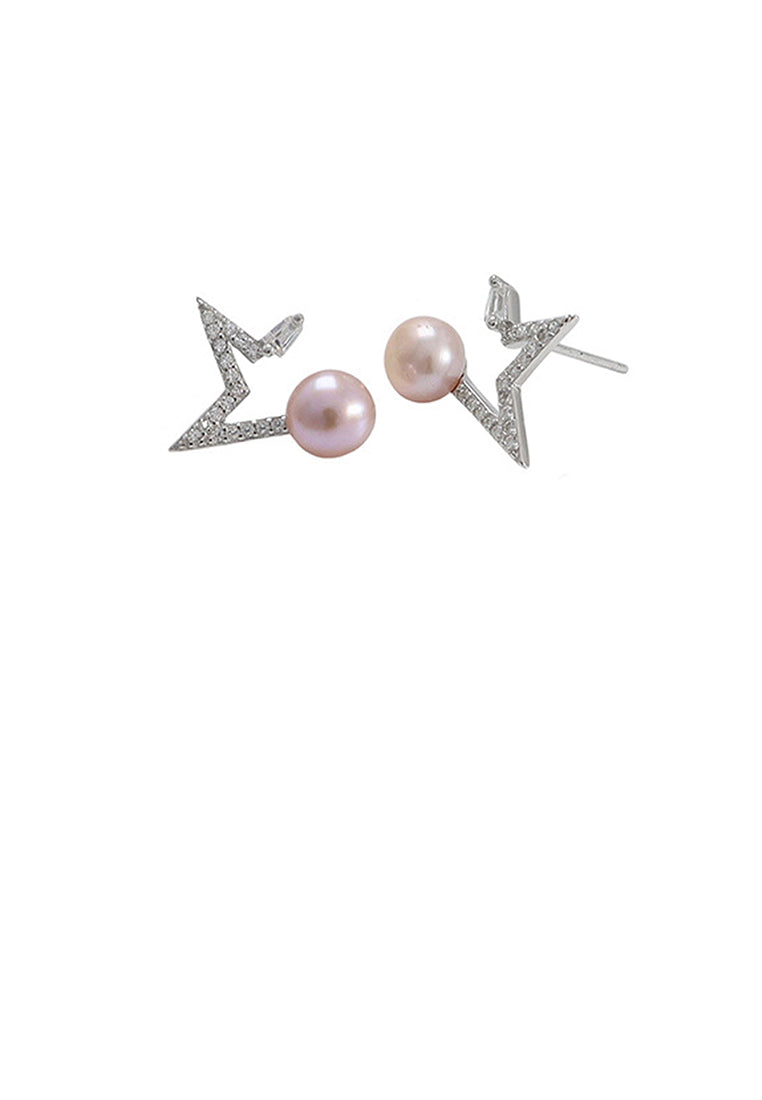 925 Sterling Silver Fashion Simple Star Purple Freshwater Pearl Stud Earrings with Cubic Zirconia - Luxurious Look