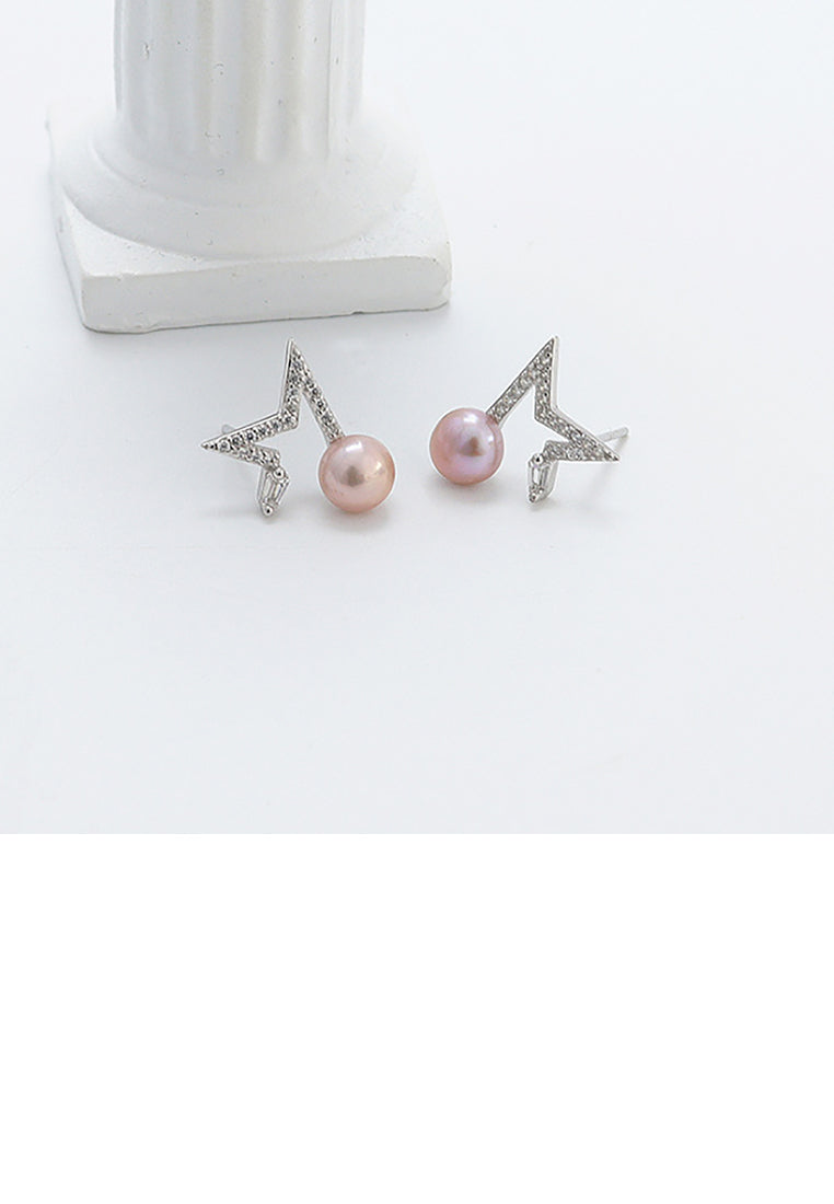 925 Sterling Silver Fashion Simple Star Purple Freshwater Pearl Stud Earrings with Cubic Zirconia - Luxurious Look