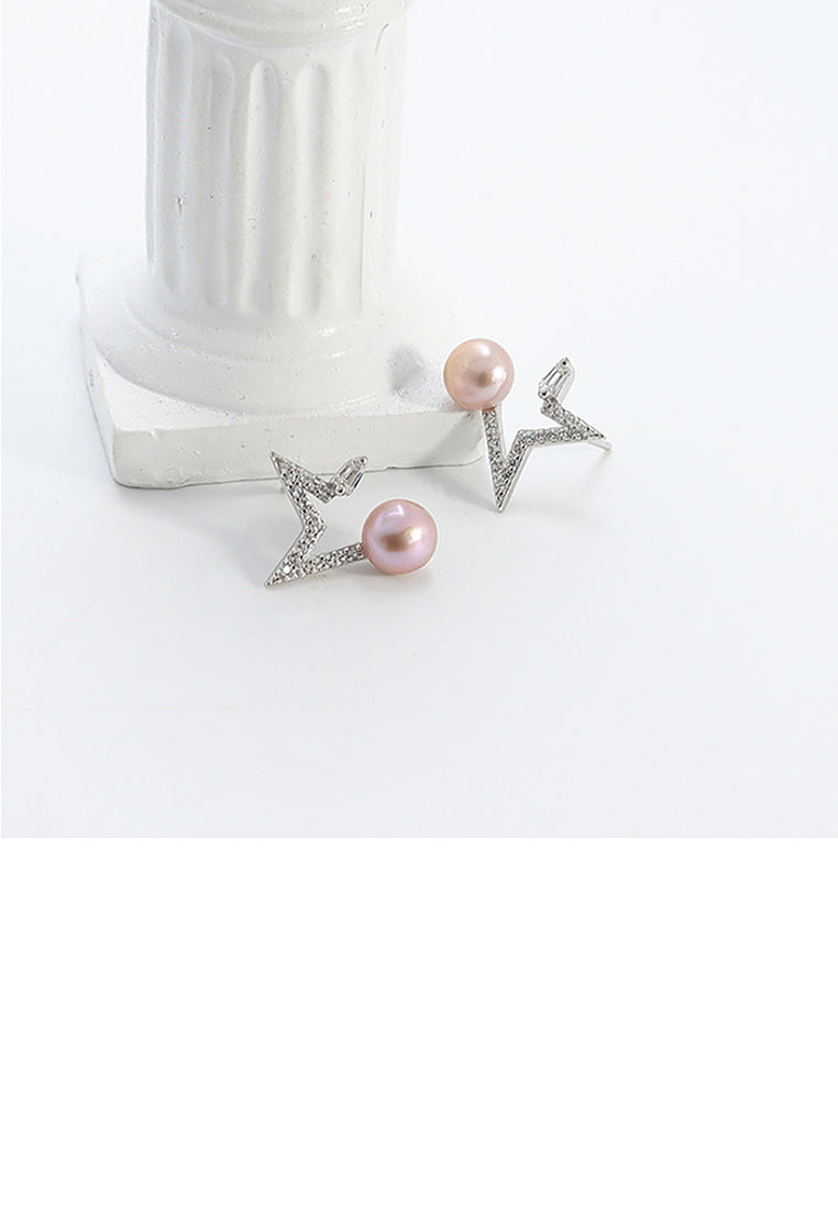 925 Sterling Silver Fashion Simple Star Purple Freshwater Pearl Stud Earrings with Cubic Zirconia - Luxurious Look