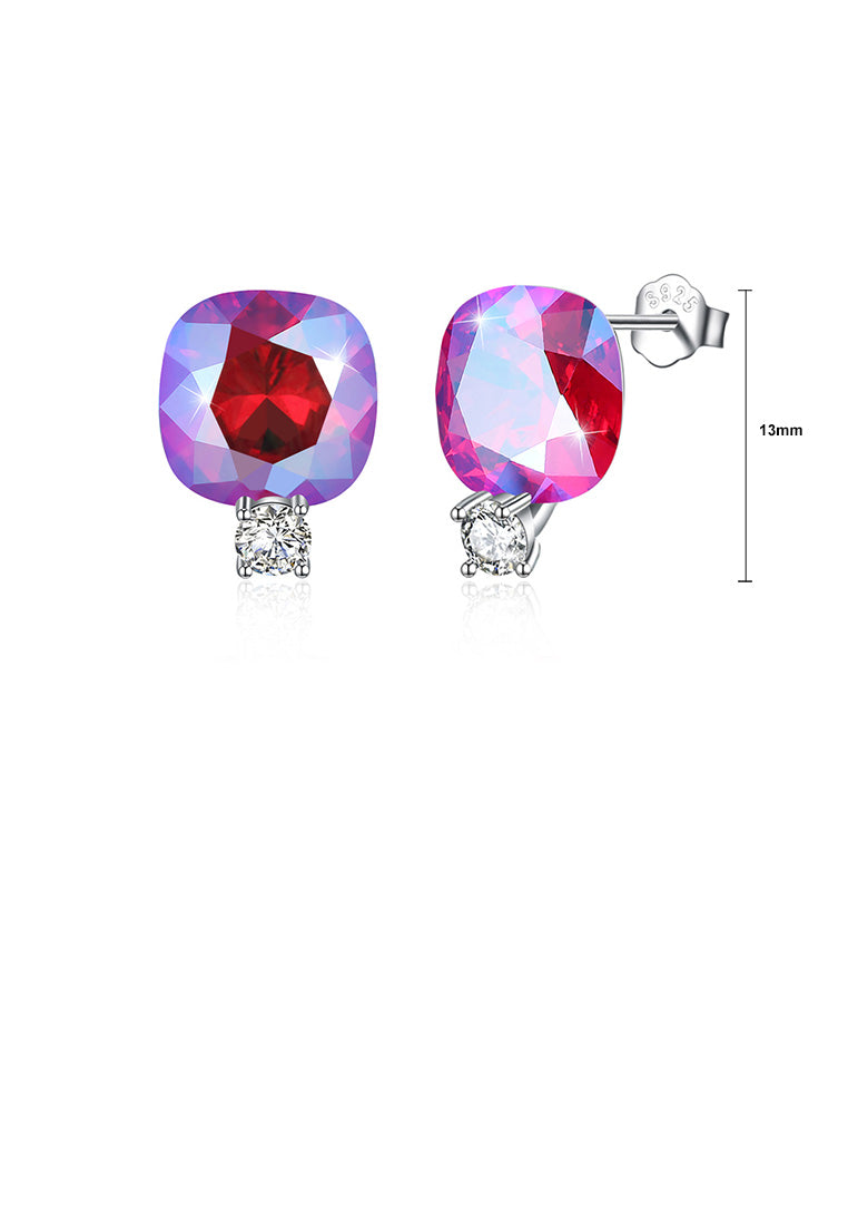 925 Sterling Silver Fashion Simple Geometric Square Stud Earrings with Rose Red Austrian Element Crystal - Vibrant Color
