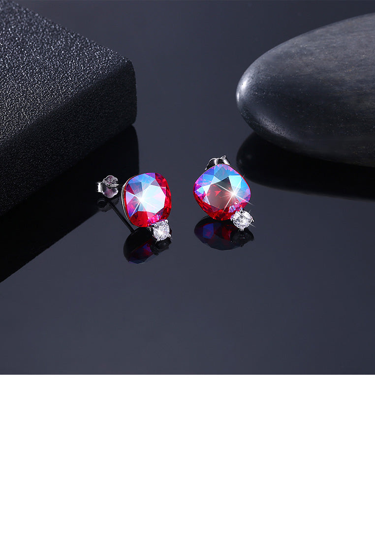 925 Sterling Silver Fashion Simple Geometric Square Stud Earrings with Rose Red Austrian Element Crystal - Vibrant Color