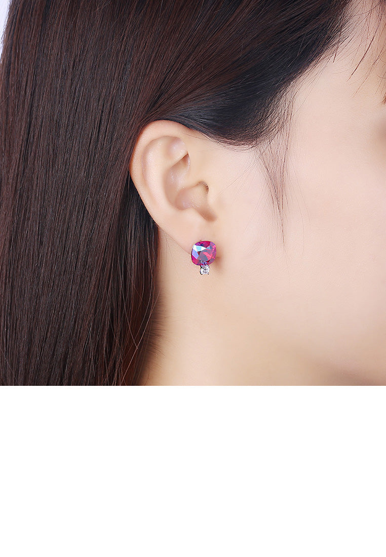 925 Sterling Silver Fashion Simple Geometric Square Stud Earrings with Rose Red Austrian Element Crystal - Vibrant Color