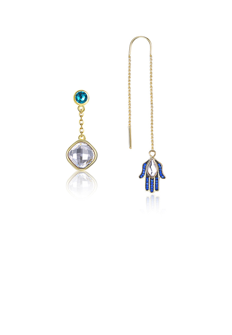 925 Sterling Silver Blue Lucky Hand Asymmetric Earrings with White Austrian Element Crystal