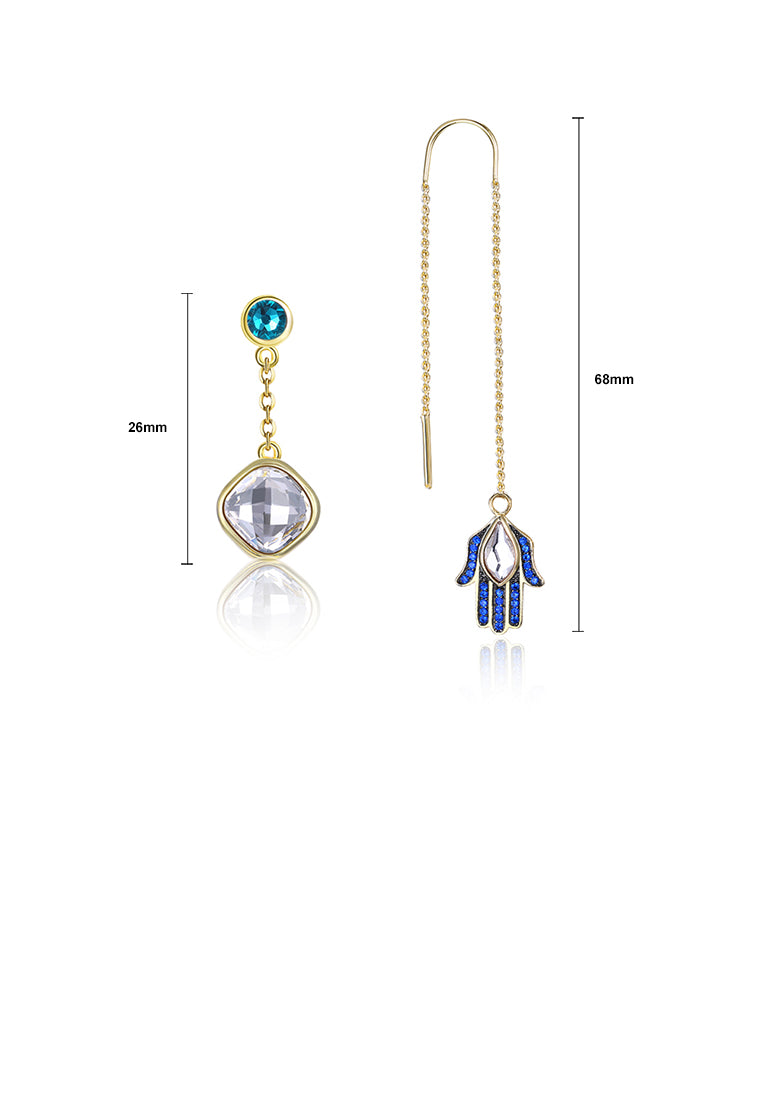 925 Sterling Silver Blue Lucky Hand Asymmetric Earrings with White Austrian Element Crystal