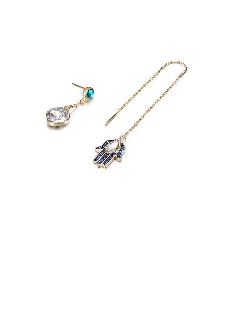 925 Sterling Silver Blue Lucky Hand Asymmetric Earrings with White Austrian Element Crystal