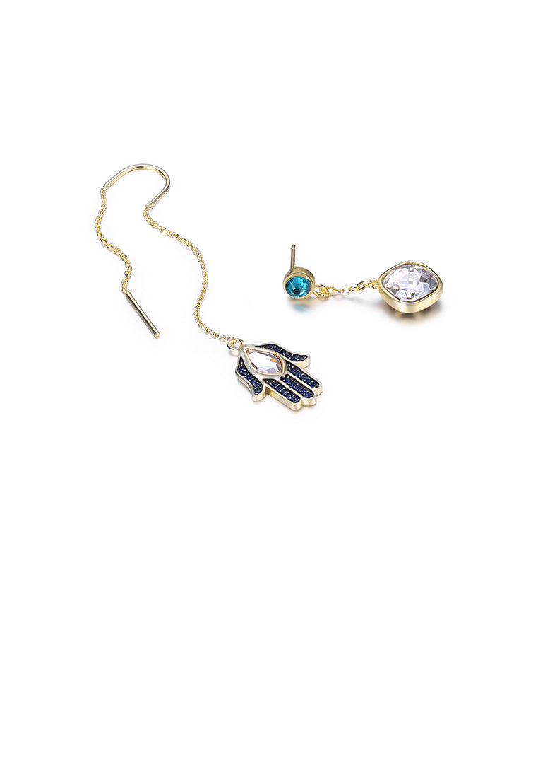 925 Sterling Silver Blue Lucky Hand Asymmetric Earrings with White Austrian Element Crystal