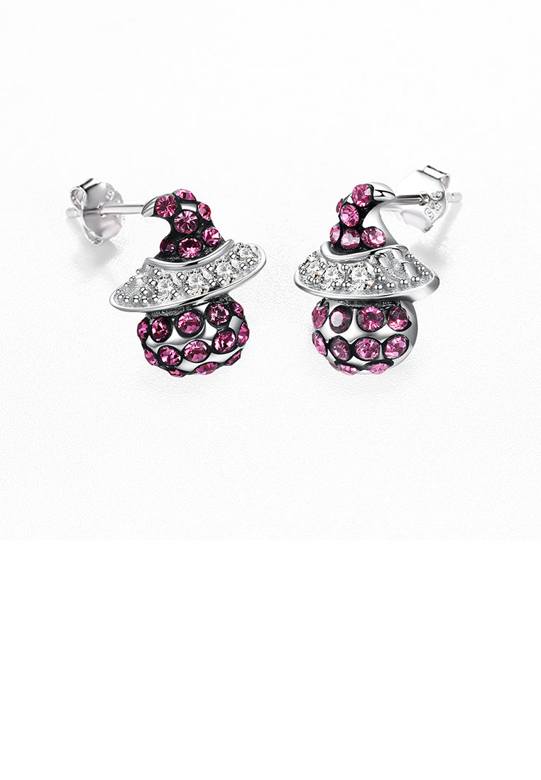 925 Sterling Silver Witch Earrings with Rose Red Austrian Element Crystal - Vibrant Color