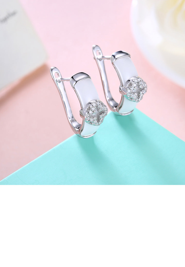 925 Sterling Silver Fashion Elegant Four-leafed Clover Cubic Zircon White Ceramic Earrings