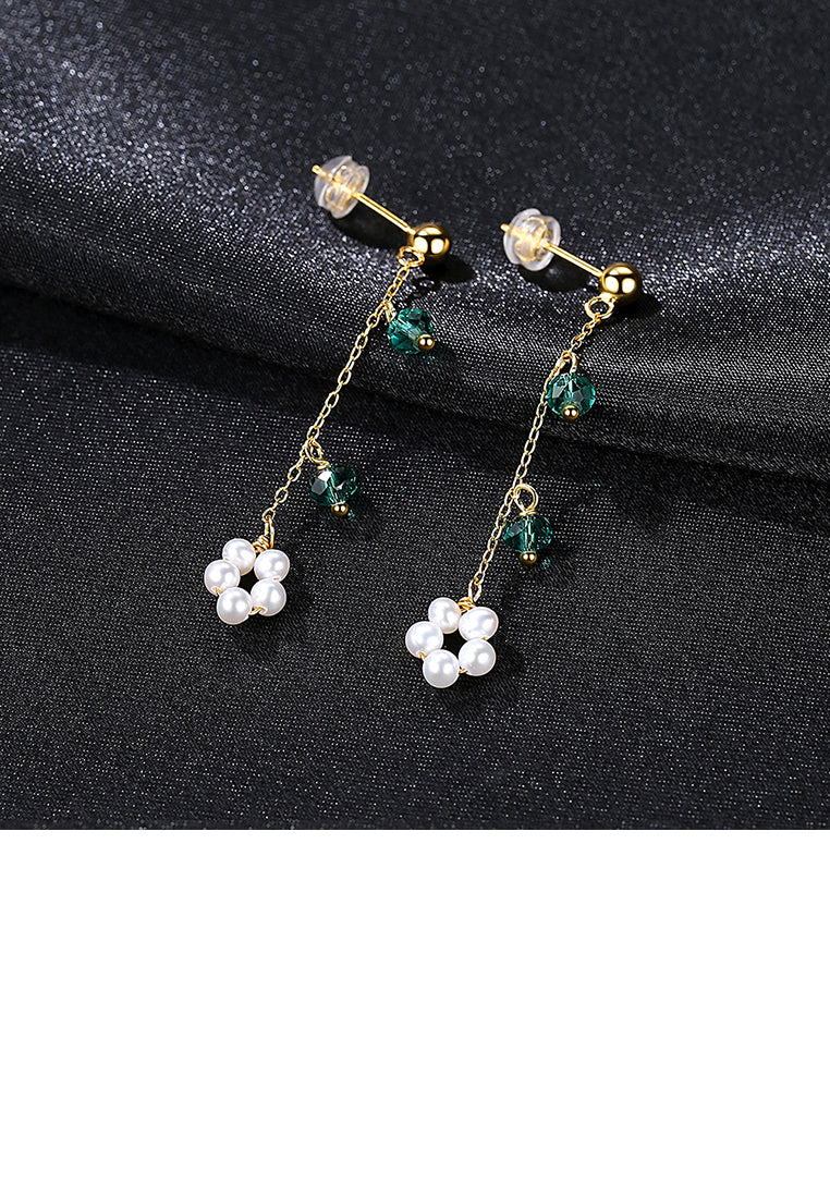 925 Sterling Silver Plated Gold Simple Fashion Flower Tassel Earrings with Freshwater Pearls