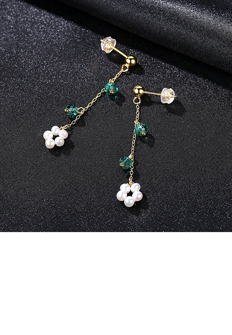 925 Sterling Silver Plated Gold Simple Fashion Flower Tassel Earrings with Freshwater Pearls