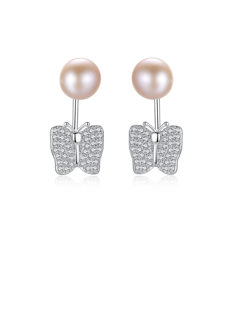 925 Sterling Silver Elegant Shining Butterfly Pink Freshwater Pearl Earrings with Cubic Zirconia - Luxurious Look - Vibrant Color