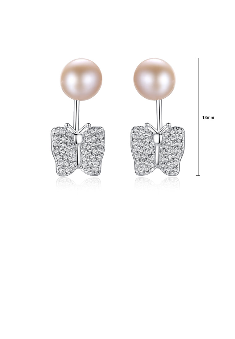 925 Sterling Silver Elegant Shining Butterfly Pink Freshwater Pearl Earrings with Cubic Zirconia - Luxurious Look - Vibrant Color