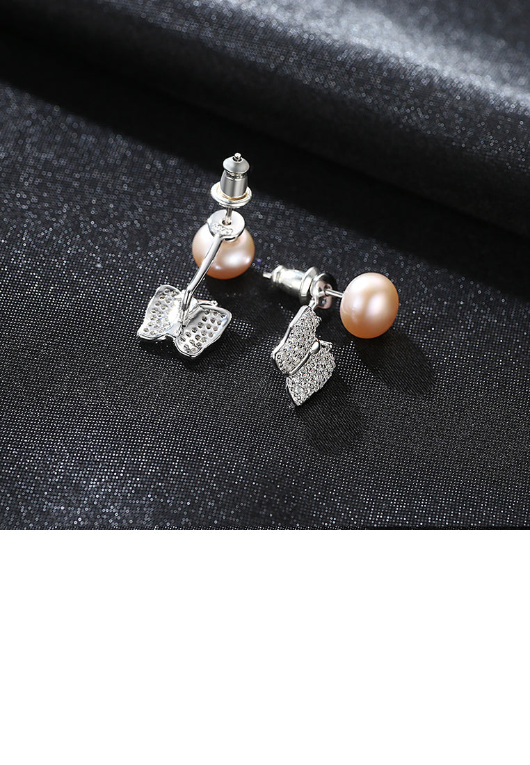 925 Sterling Silver Elegant Shining Butterfly Pink Freshwater Pearl Earrings with Cubic Zirconia - Luxurious Look - Vibrant Color