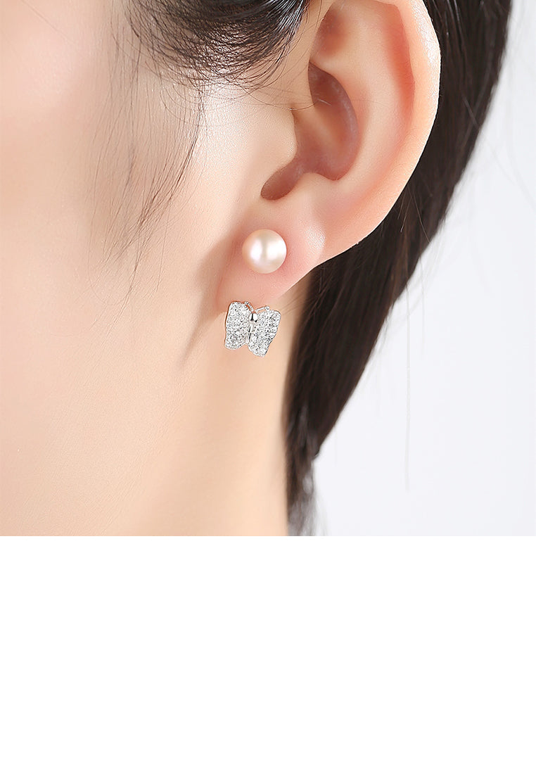 925 Sterling Silver Elegant Shining Butterfly Pink Freshwater Pearl Earrings with Cubic Zirconia - Luxurious Look - Vibrant Color