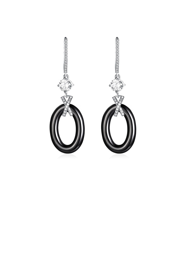 925 Sterling Silver Simple Elegant Geometric Black Ceramic Earrings with Cubic Zircon