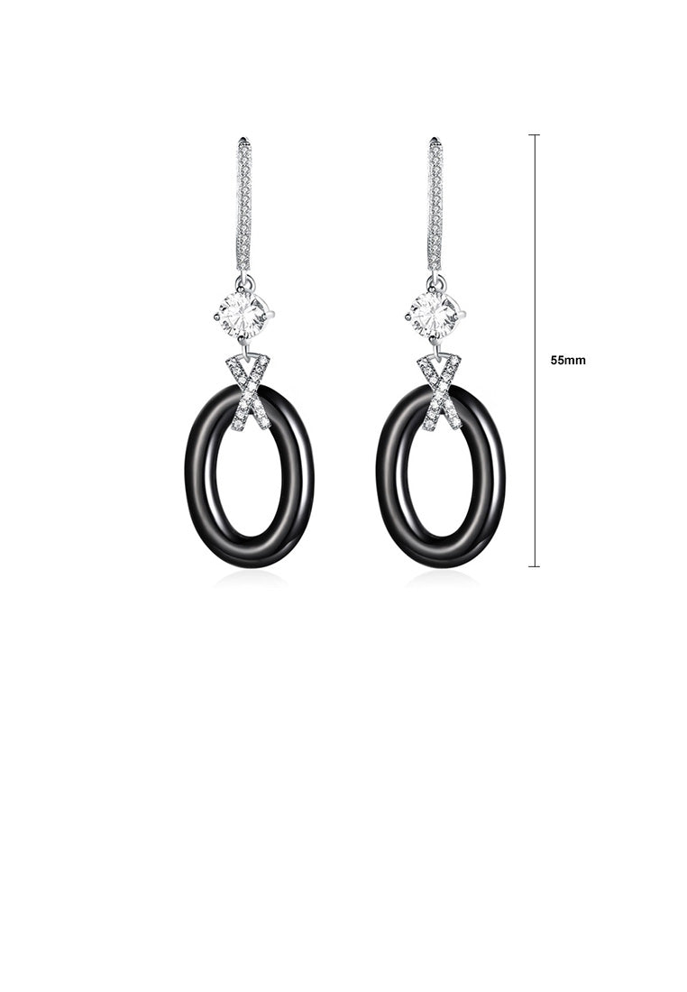 925 Sterling Silver Simple Elegant Geometric Black Ceramic Earrings with Cubic Zircon