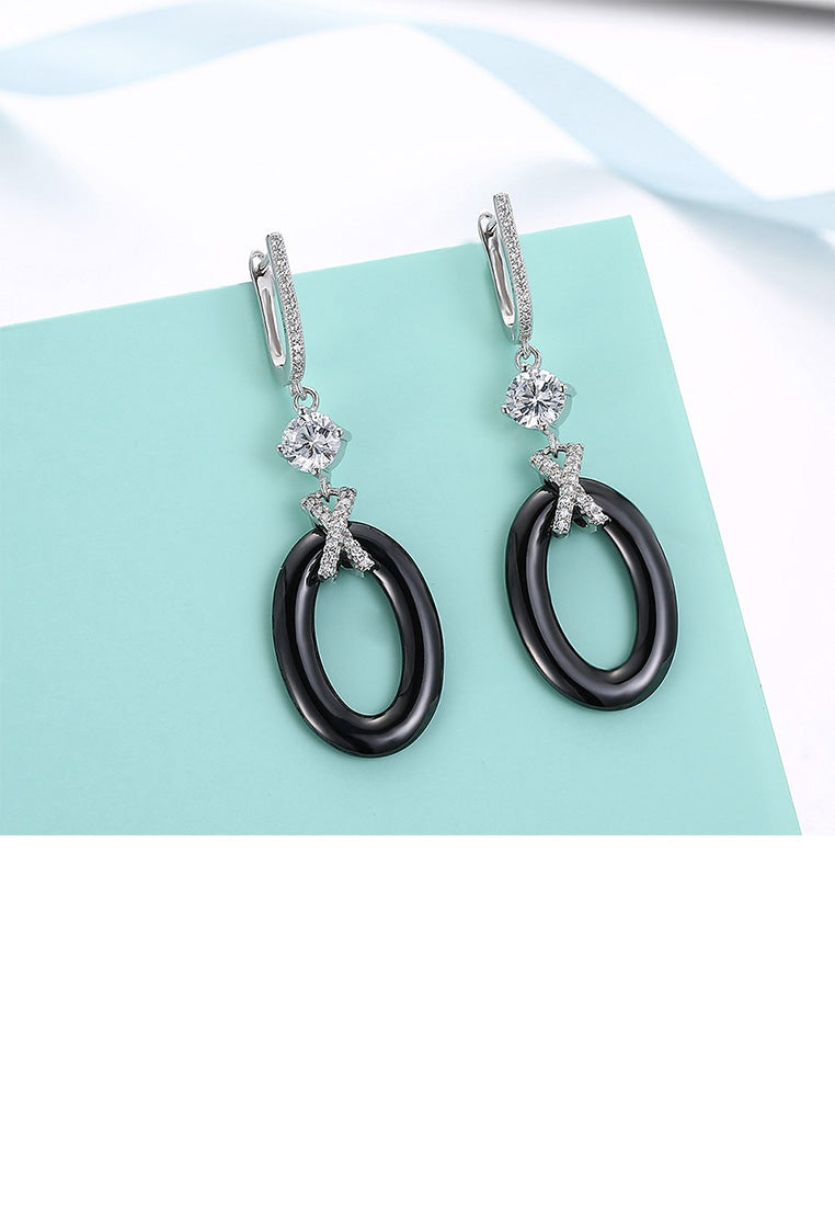 925 Sterling Silver Simple Elegant Geometric Black Ceramic Earrings with Cubic Zircon