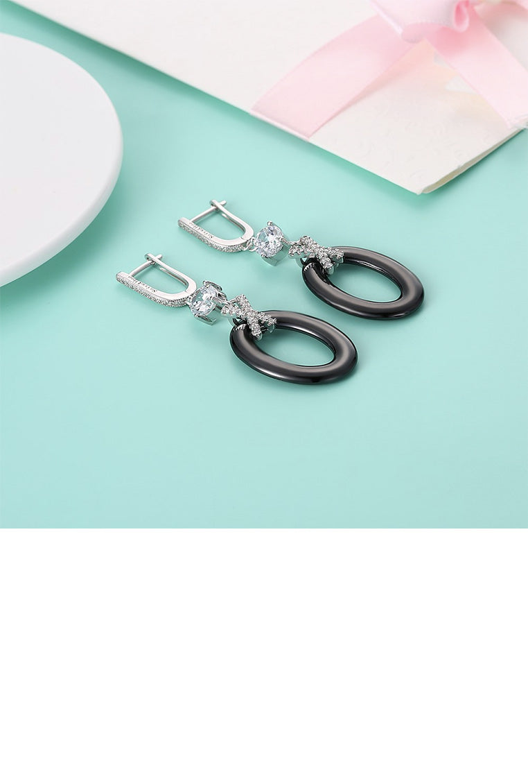 925 Sterling Silver Simple Elegant Geometric Black Ceramic Earrings with Cubic Zircon
