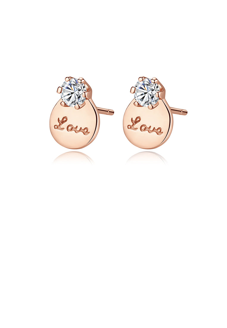 925 Sterling Silver Plated Rose Gold Simple Romantic LOVE Geometric Round Cubic Zirconia Stud Earrings - Luxurious Look