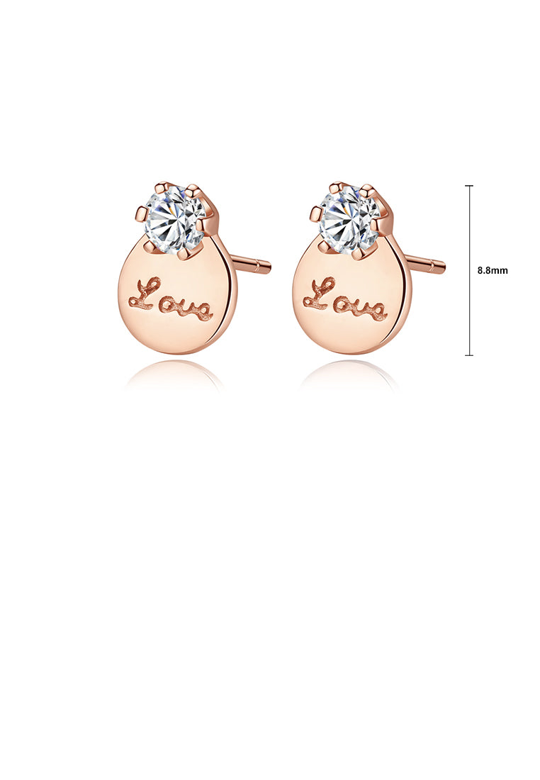 925 Sterling Silver Plated Rose Gold Simple Romantic LOVE Geometric Round Cubic Zirconia Stud Earrings - Luxurious Look