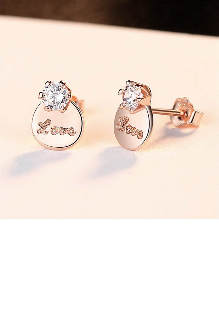 925 Sterling Silver Plated Rose Gold Simple Romantic LOVE Geometric Round Cubic Zirconia Stud Earrings - Luxurious Look